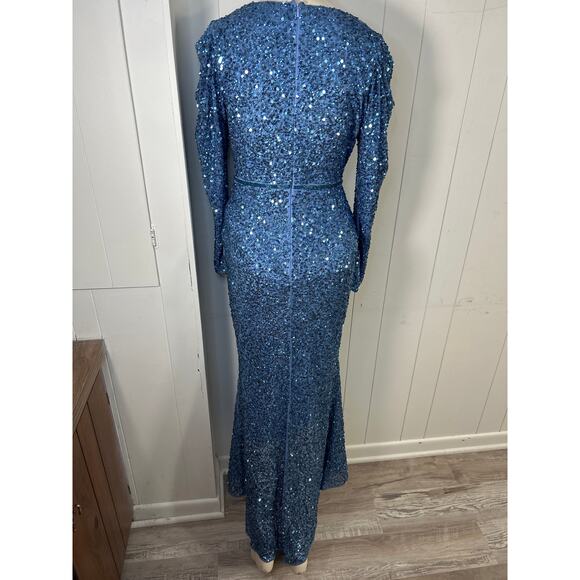 Mac Duggal Puff Shoulder Long Sleeve Sequined Surplice Gown In French Blue Sz 6 - Picture 6 of 11